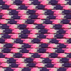 A close-up image of a woven pattern featuring alternating zigzag lines in vibrant pink, purple, and white. This intricate design is made from Insanely Paracord's "Dianthus" 550 Paracord - Made in USA - Over 125 Color Options, creating a visually striking and symmetrical texture ideal for emergency and survival situations.