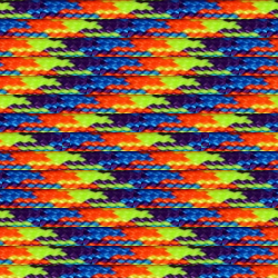 A close-up of a colorful, woven fabric with a zigzag pattern composed of vibrant orange, green, blue, and purple threads. The intricate design creates a visually striking and textured appearance, resembling the durability of Insanely Paracord's Jawbreaker 550 Paracord - Made in USA | Over 125 Color Options used in high-strength cord applications.