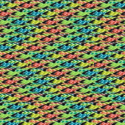 A vibrant and intricate geometric pattern featuring interlocking shapes in various bright colors, including green, blue, red, and yellow. The design repeats in a tightly woven, symmetrical arrangement reminiscent of Insanely Paracord's "Party" 550 Paracord - Versatile and High-Strength Cord for Outdoor Activities and DIY Projects, creating a visually dynamic effect.