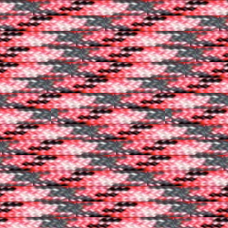 A detailed close-up of a woven fabric featuring a repetitive diagonal pattern in shades of red, pink, gray, white, and black. The colors are intricately intertwined like Insanely Paracord's Pink Camo 550 Paracord - USA Made, 550lb Strength, creating a layered, textured appearance with a distinct, symmetrical design ideal for emergency and survival situations.