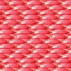 Close-up of red and white woven fabric featuring a consistent zigzag pattern. The material appears tightly knit, with alternating stripes of red and white forming an intricate and detailed design reminiscent of Insanely Paracord's Strawberry 550 Paracord - Made in USA | Over 125 Color Options used in emergency situations.
