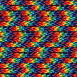 A close-up of a tightly braided Tie-Dye 550 Paracord - Made in USA, Over 125 Color Options from Insanely Paracord with a vibrant rainbow pattern. The pattern includes repeating sequences of red, orange, yellow, green, blue, and indigo. The intricate texture and highly saturated colors create a bold, eye-catching design.