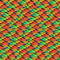 A colorful, intricate pattern featuring zigzag lines in a repeating design. The pattern includes vibrant hues of red, orange, yellow, green, blue, and black on Insanely Paracord's Virus 550 Paracord - Made in USA - Over 125 Color Options. Reflective and Glow in the Dark elements create a dynamic and visually stimulating effect resembling woven fabric.