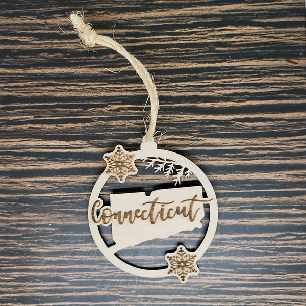 Connecticut State Christmas Ornament - Laser Engraved Birch Wood