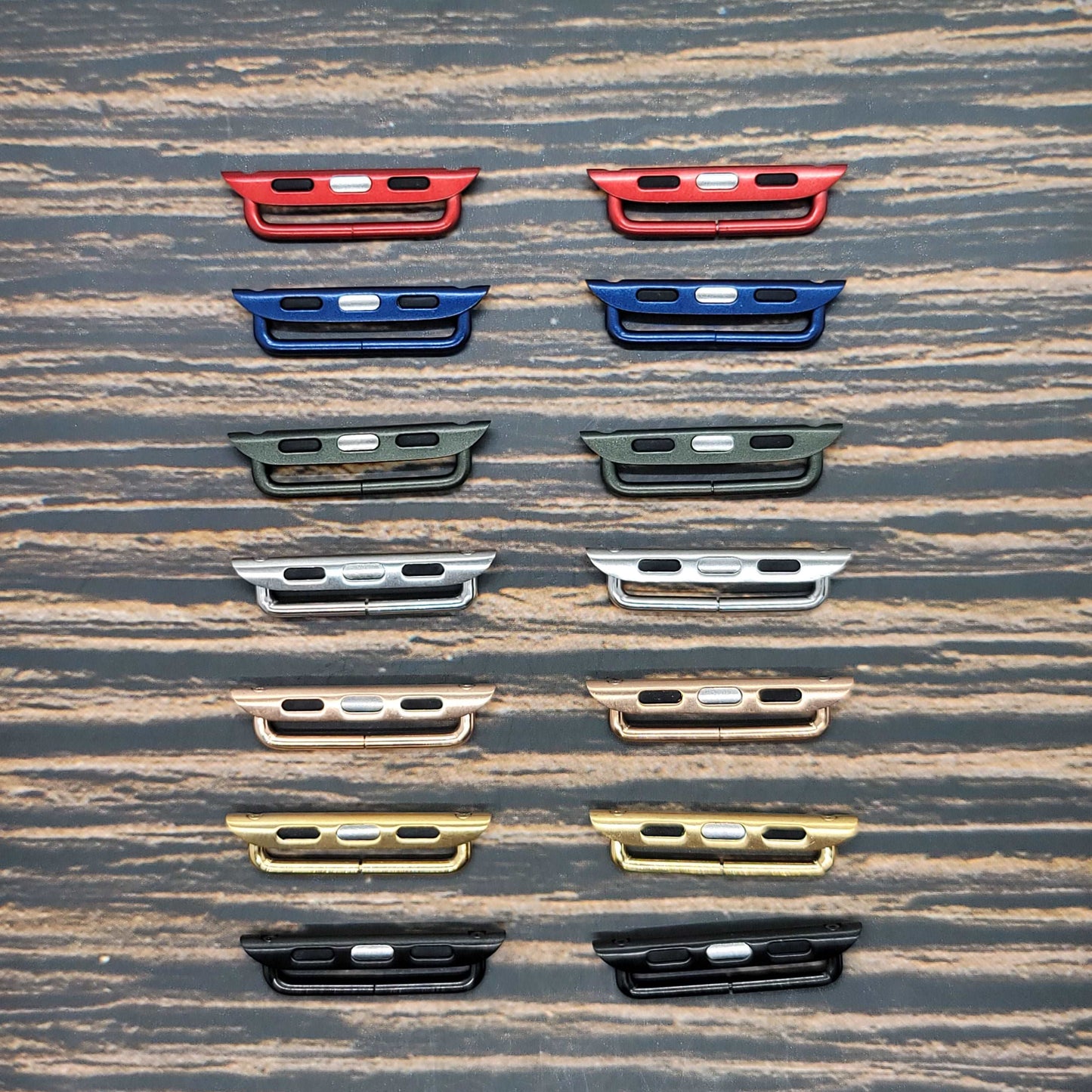 Apple Watch Band Adapters in Red, Blue, Green, Silver, Rose Gold, Gold, and Black. 38mm/40mm/41mm and 42mm/44mm/45mm available
