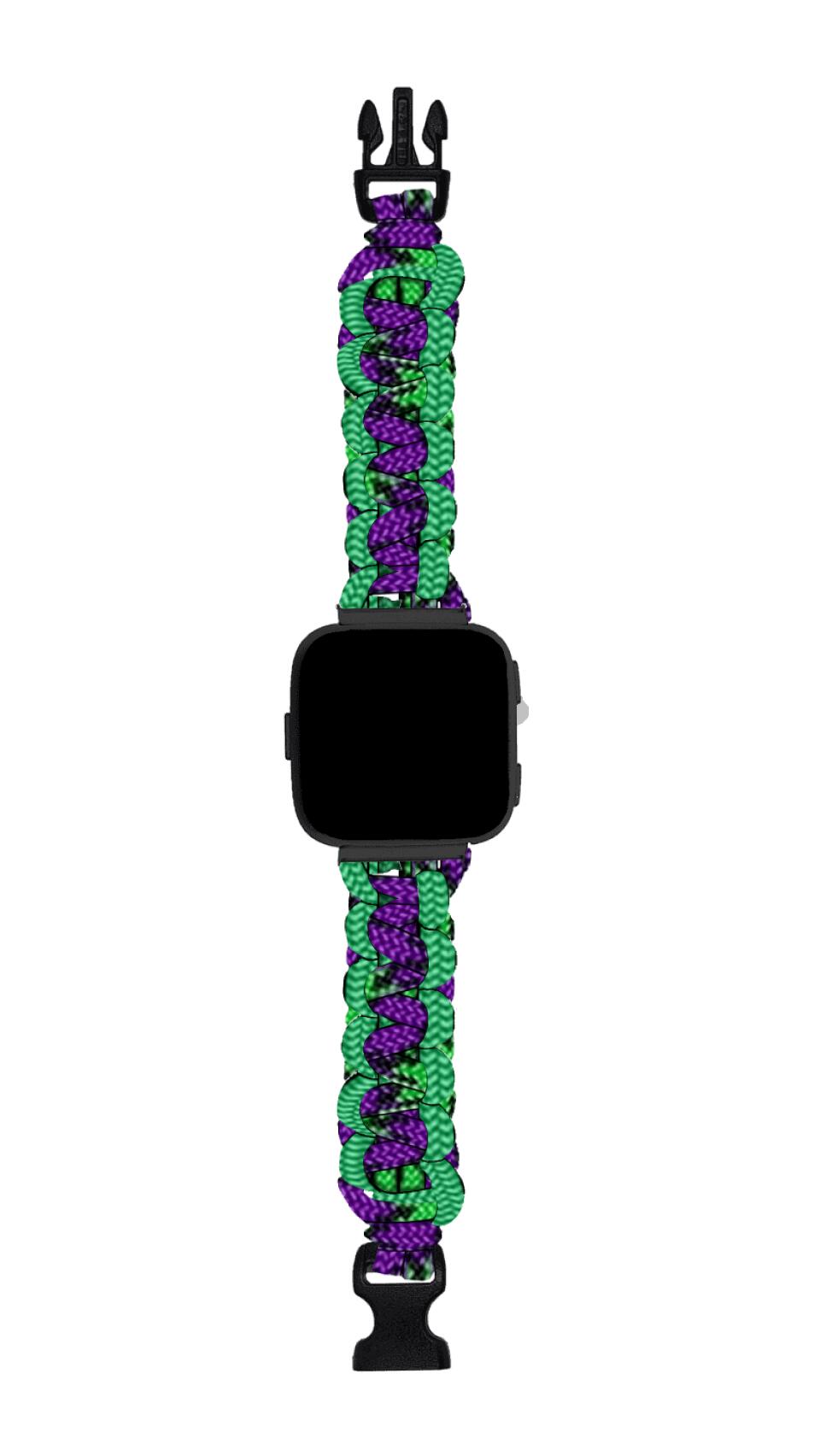 A smartwatch with a black square screen is shown with a braided band. The durable watch band features a green and purple paracord design, secured with black plastic side-release buckles at both ends. This stylish accessory enhances your device while being smartwatch compatible. Introducing Custom Paracord Watch Bands - Durable, Stylish, Made in USA by Insanely Paracord.