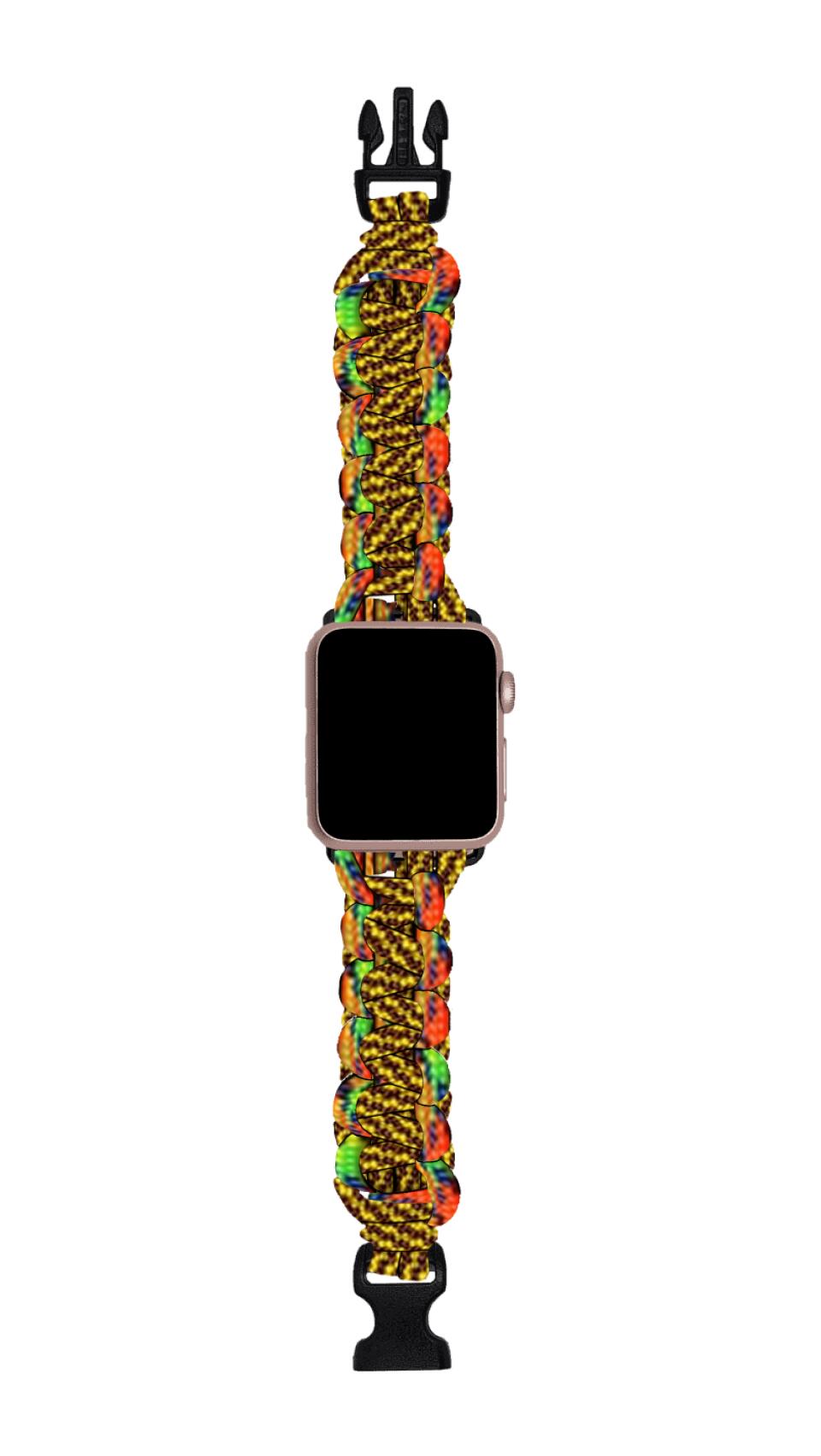 A smartwatch with a colorful paracord band featuring vibrant yellow, orange, and green patterns is shown. The durable watch band has a black buckle at the end for fastening. The smartwatch display is off, revealing a black screen. Custom Paracord Watch Bands - Durable, Stylish, Made in USA by Insanely Paracord are known for their strength and style.