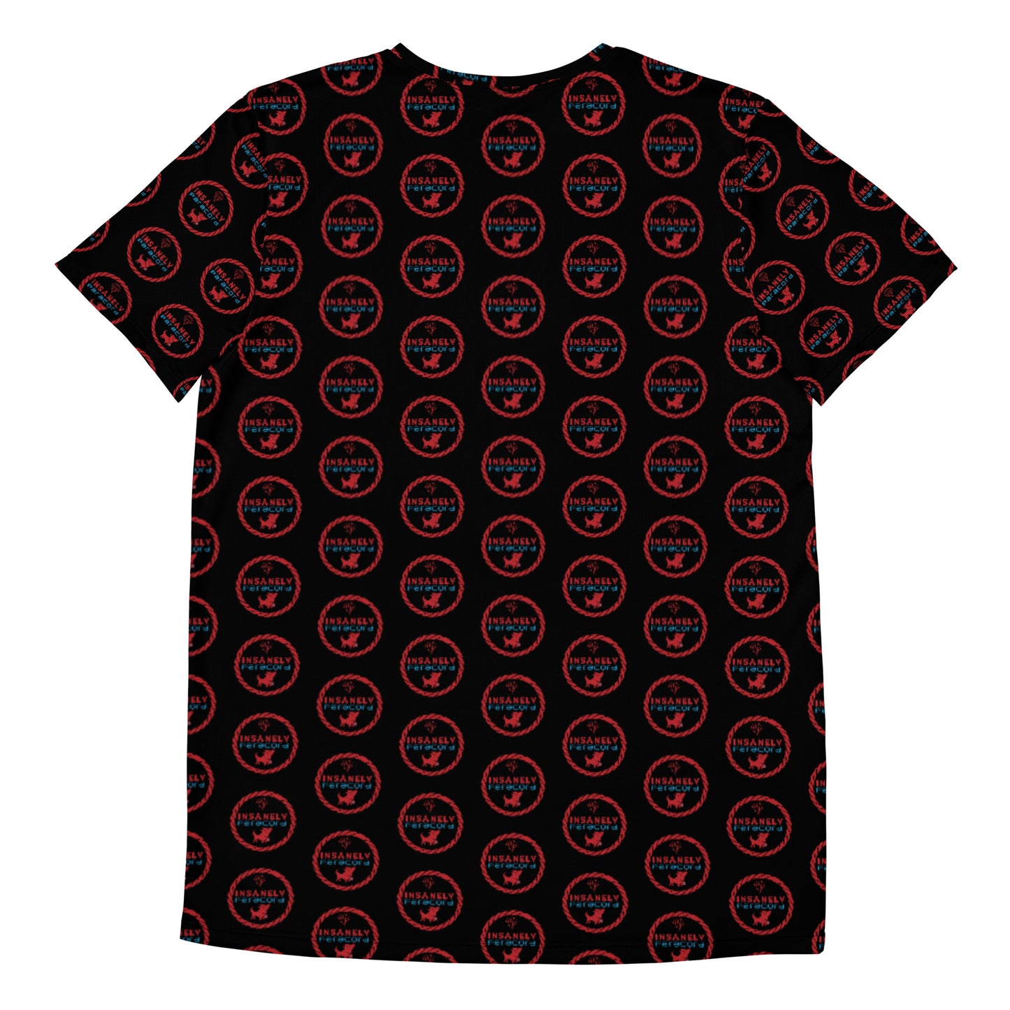 A black t-shirt featuring a repeating red circular pattern. Each circle contains the text "Island Vibes" along with an image of a small bird. Crafted from a high-performance blend with MaxDri moisture management technology, this vibrant Insanely Paracord Pattern T-Shirt | Moisture-Wicking & Antibacterial by Insanely Paracord offers both style and comfort.