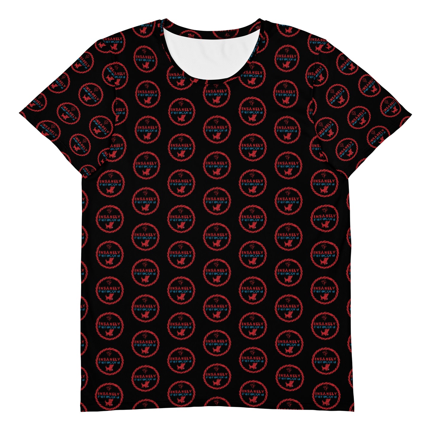 An Insanely Paracord Insanely Paracord Pattern T-Shirt | Moisture-Wicking & Antibacterial featuring a repeating pattern of red and blue circular logos. The text within the logos reads "INSANITY MARTIAL ARTS," and each logo includes a silhouette of a flying eagle at the bottom. With short sleeves, a round neckline, and MaxDri moisture management technology.