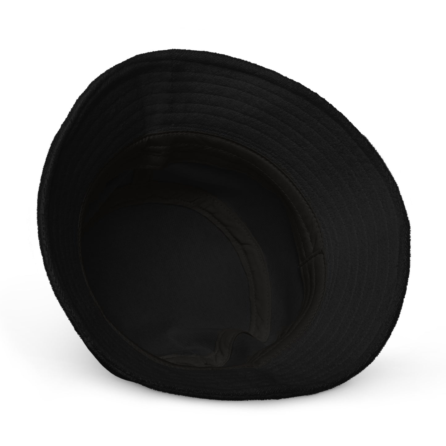 A black Terry Cloth Bucket Hat | 100% Cotton | Classic Brim | One Size Fits Most by Insanely Paracord shown from the underside, displaying the interior and stitching details along the brim. The interior is dark, providing a clear view of the hat's shape and deep crown. The brim is wide and slightly curved. Perfect as a summer accessory against the plain white background.