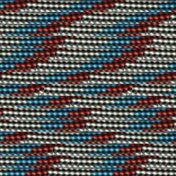 A detailed image shows a woven textile pattern composed of tightly knit, small circular beads. The beads arrange in diagonal stripes, alternating between blue, red, and white colors, creating a geometric zigzag design throughout the fabric. Perfect for outdoor activities, it resembles intricate Captain America 550 Paracord - Made in USA, 125+ Color Options from Insanely Paracord work.