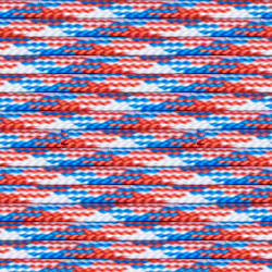 A close-up of a knitted fabric featuring a repeating pattern of horizontal zigzag stripes. The stripes alternate between shades of blue, red, and white, creating a vibrant and colorful texture reminiscent of Insanely Paracord's "Liberty" 550 Paracord - Made in USA - Versatile and High-Strength Nylon Cord. The knitting is tight and the colors are bright and bold.