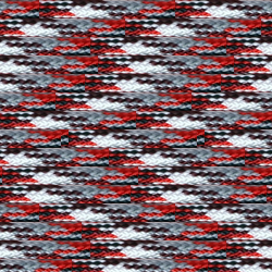 A close-up of an Insanely Paracord Red Camo 550 Paracord - Made in USA | Over 125 Color Options featuring red, white, gray, and black threads arranged in a repetitive geometric design. The texture appears coarse with distinct layers of interweaving threads reminiscent of high-strength cord, creating a vibrant, intricate motif.