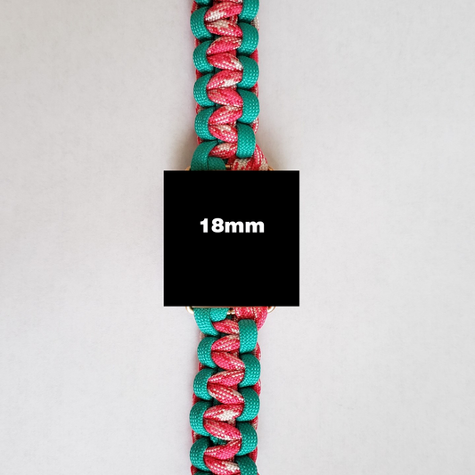 A close-up view of an Insanely Paracord Paracord Watch Band - Durable 2-Color Design for Apple, Fitbit, Samsung made from teal, pink, and white paracord. Perfect for outdoor enthusiasts, the watch band measures 18mm in width, as indicated by a black square with "18mm" in white text positioned at the center of the image.