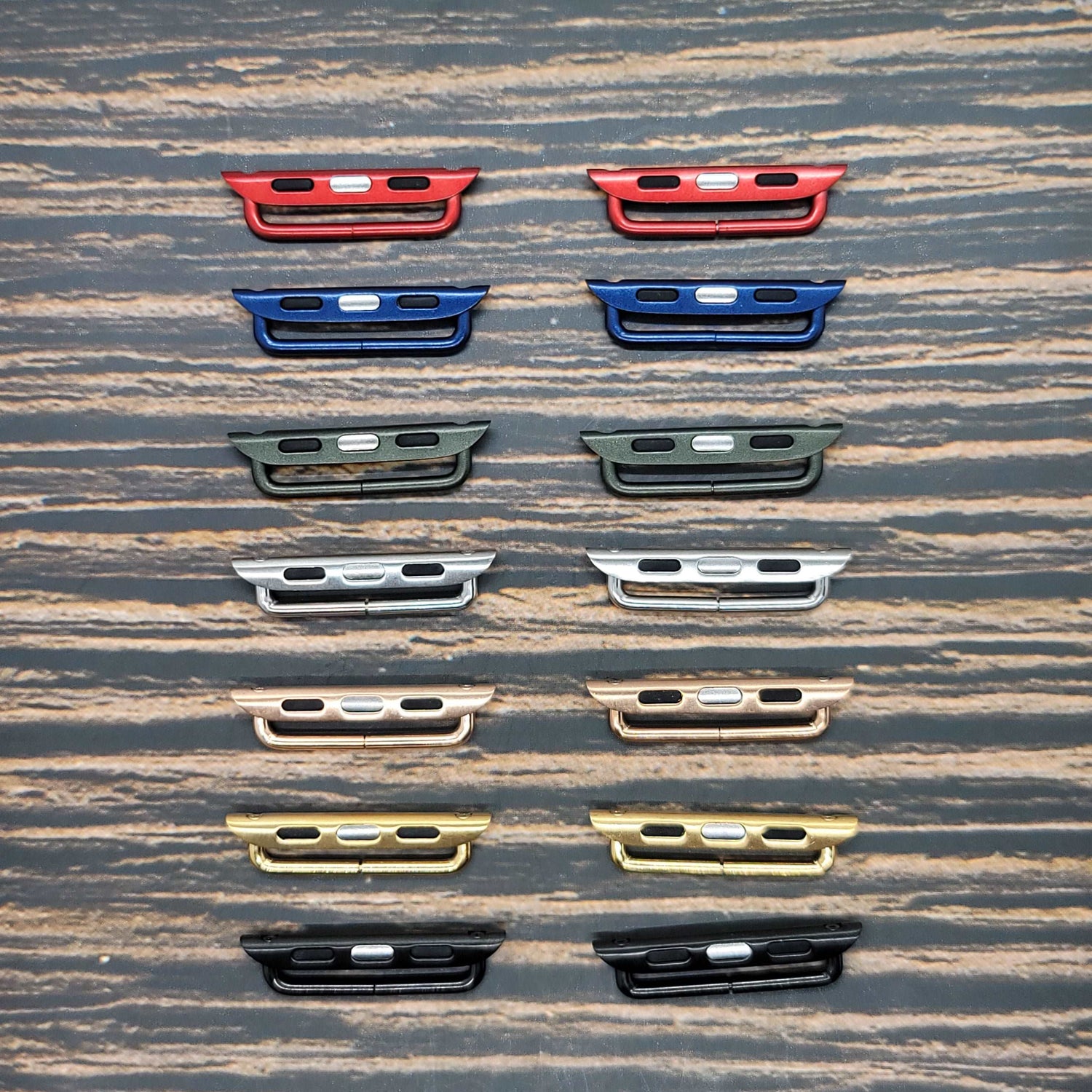 Apple Watch Band Adapters in Red, Blue, Green, Silver, Rose Gold, Gold, and Black. 38mm/40mm/41mm and 42mm/44mm/45mm available