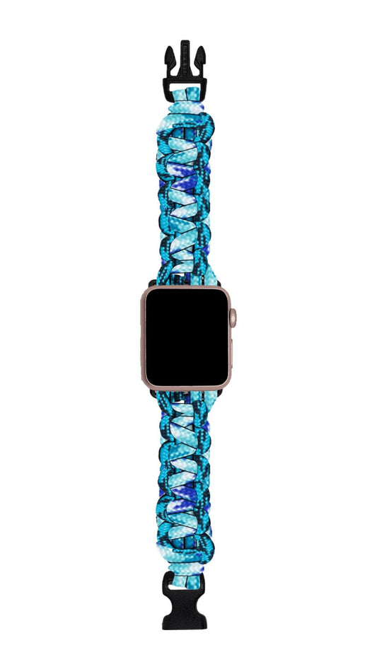 A TeeInBlue Durable Paracord Watch Band for Apple, Fitbit & More - 100+ Colors in shades of blue, white, and purple. Perfect for outdoor activities, the band features a woven design and black plastic clasps on either end for securing the watch on the wrist. The watch screen is black and turned off, ensuring it's always ready to go.