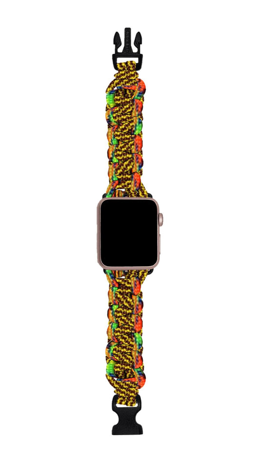 A Samsung Watch Band for Outdoor Enthusiasts, Strong & Stylish Paracord - 100+ Colors | Made in USA by TeeInBlue with a vibrant, multicolored paracord wristband featuring shades of yellow, orange, green, and black. The watch face is off, showing a black screen, and the band has a plastic buckle closure. These durable watch bands are perfect for any adventure.