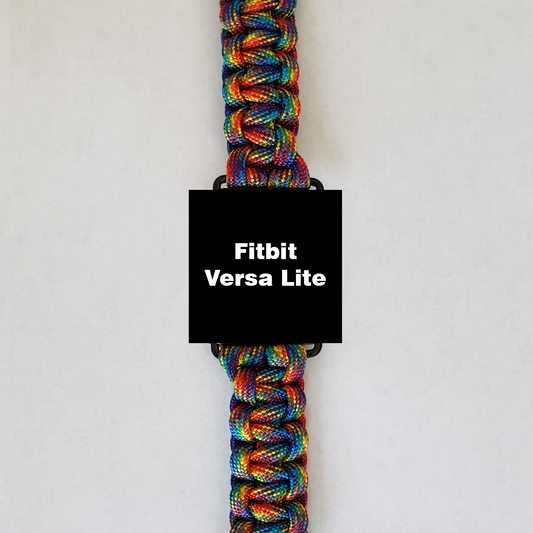 An Insanely Paracord Fitbit Versa Lite Paracord Watch Bands - Durable, Stylish, and Customizable smartwatch with a screen displaying the text "Fitbit Versa Lite" is shown. It features a high-quality paracord watch band in a woven pattern, predominantly showcasing red, blue, green, and yellow hues. The background is plain white.