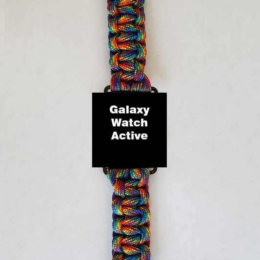 An Insanely Paracord Galaxy Watch Active Paracord Watch Band - Stylish, Durable, & Customizable with a high-quality, colorful woven paracord band against a plain white background. The watch face is black with the text "Galaxy Watch Active" displayed in white letters. This smartwatch accessory combines style and durability for active lifestyles.