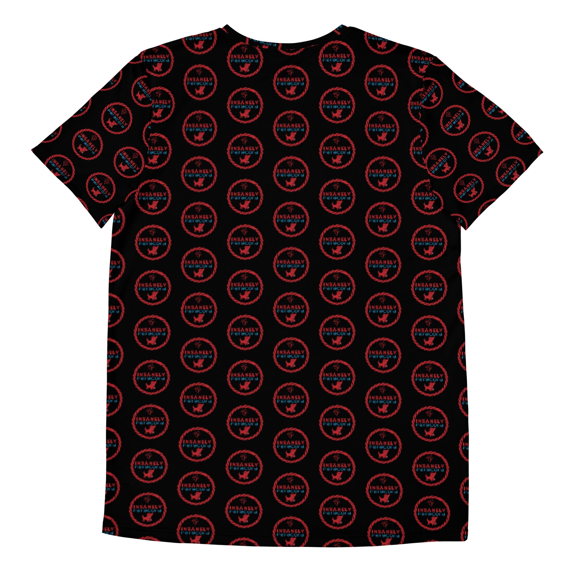 A black t-shirt featuring a repeating red circular pattern. Each circle contains the text "Island Vibes" along with an image of a small bird. Crafted from a high-performance blend with MaxDri moisture management technology, this vibrant Insanely Paracord Pattern T-Shirt | Moisture-Wicking & Antibacterial by Insanely Paracord offers both style and comfort.