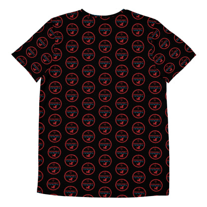 A black t-shirt featuring a repeating red circular pattern. Each circle contains the text "Island Vibes" along with an image of a small bird. Crafted from a high-performance blend with MaxDri moisture management technology, this vibrant Insanely Paracord Pattern T-Shirt | Moisture-Wicking & Antibacterial by Insanely Paracord offers both style and comfort.