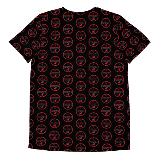 A black t-shirt featuring a repeating red circular pattern. Each circle contains the text "Island Vibes" along with an image of a small bird. Crafted from a high-performance blend with MaxDri moisture management technology, this vibrant Insanely Paracord Pattern T-Shirt | Moisture-Wicking & Antibacterial by Insanely Paracord offers both style and comfort.