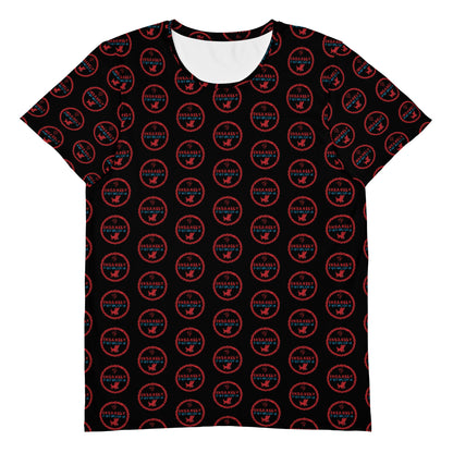 An Insanely Paracord Insanely Paracord Pattern T-Shirt | Moisture-Wicking & Antibacterial featuring a repeating pattern of red and blue circular logos. The text within the logos reads "INSANITY MARTIAL ARTS," and each logo includes a silhouette of a flying eagle at the bottom. With short sleeves, a round neckline, and MaxDri moisture management technology.
