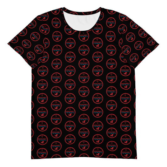 An Insanely Paracord Insanely Paracord Pattern T-Shirt | Moisture-Wicking & Antibacterial featuring a repeating pattern of red and blue circular logos. The text within the logos reads "INSANITY MARTIAL ARTS," and each logo includes a silhouette of a flying eagle at the bottom. With short sleeves, a round neckline, and MaxDri moisture management technology.
