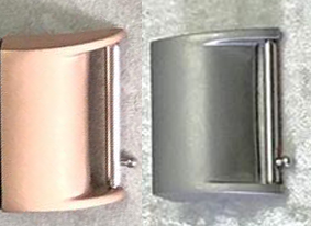 Close-up image of two differently colored Fitbit Charge 2 Paracord Watch Bands - Stylish, Durable, 100+ Colors by Insanely Paracord placed side by side. The watch band on the left is light pink, and the watch band on the right is silver. Both watch bands have a curved, rectangular shape with a safety bar at the bottom, perfect for outdoor enthusiasts who appreciate durable watch bands.
