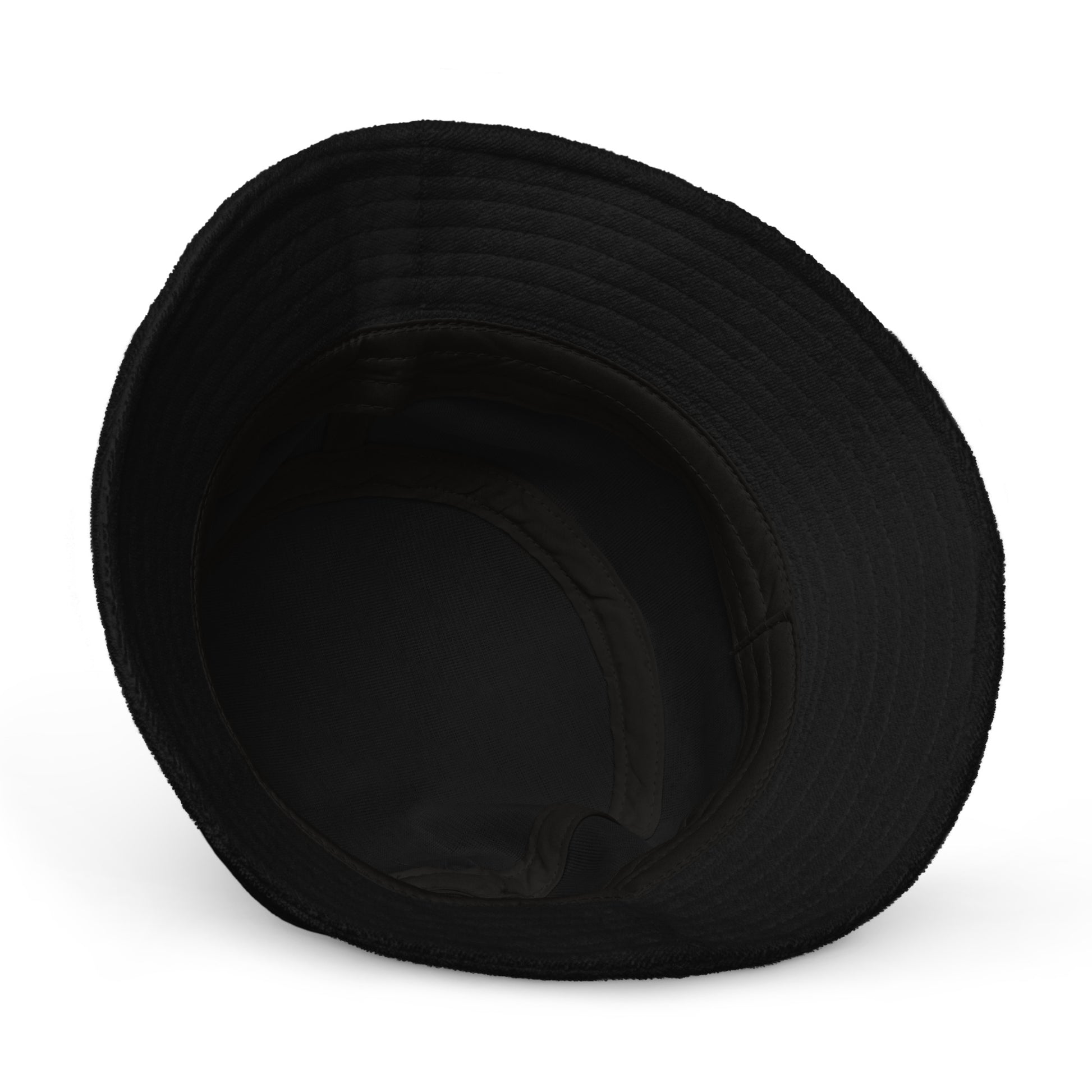 A black Terry Cloth Bucket Hat | 100% Cotton | Classic Brim | One Size Fits Most by Insanely Paracord shown from the underside, displaying the interior and stitching details along the brim. The interior is dark, providing a clear view of the hat's shape and deep crown. The brim is wide and slightly curved. Perfect as a summer accessory against the plain white background.