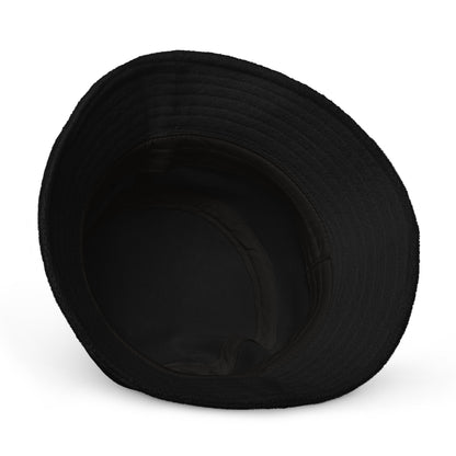 A black Terry Cloth Bucket Hat | 100% Cotton | Classic Brim | One Size Fits Most by Insanely Paracord shown from the underside, displaying the interior and stitching details along the brim. The interior is dark, providing a clear view of the hat's shape and deep crown. The brim is wide and slightly curved. Perfect as a summer accessory against the plain white background.