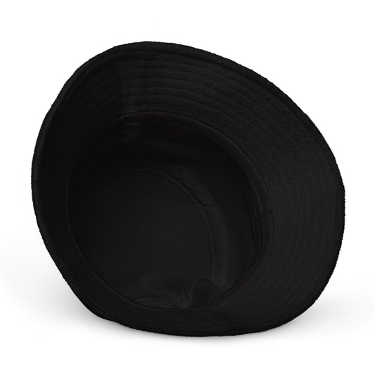 A black Terry Cloth Bucket Hat | 100% Cotton | Classic Brim | One Size Fits Most by Insanely Paracord shown from the underside, displaying the interior and stitching details along the brim. The interior is dark, providing a clear view of the hat's shape and deep crown. The brim is wide and slightly curved. Perfect as a summer accessory against the plain white background.